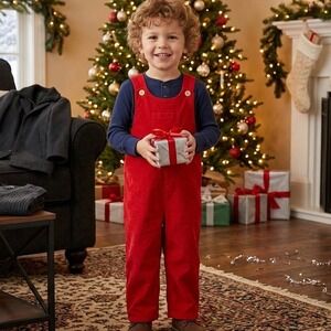 Little English Boys Red Corduroy Longall Overalls Holiday Christmas Size 3T